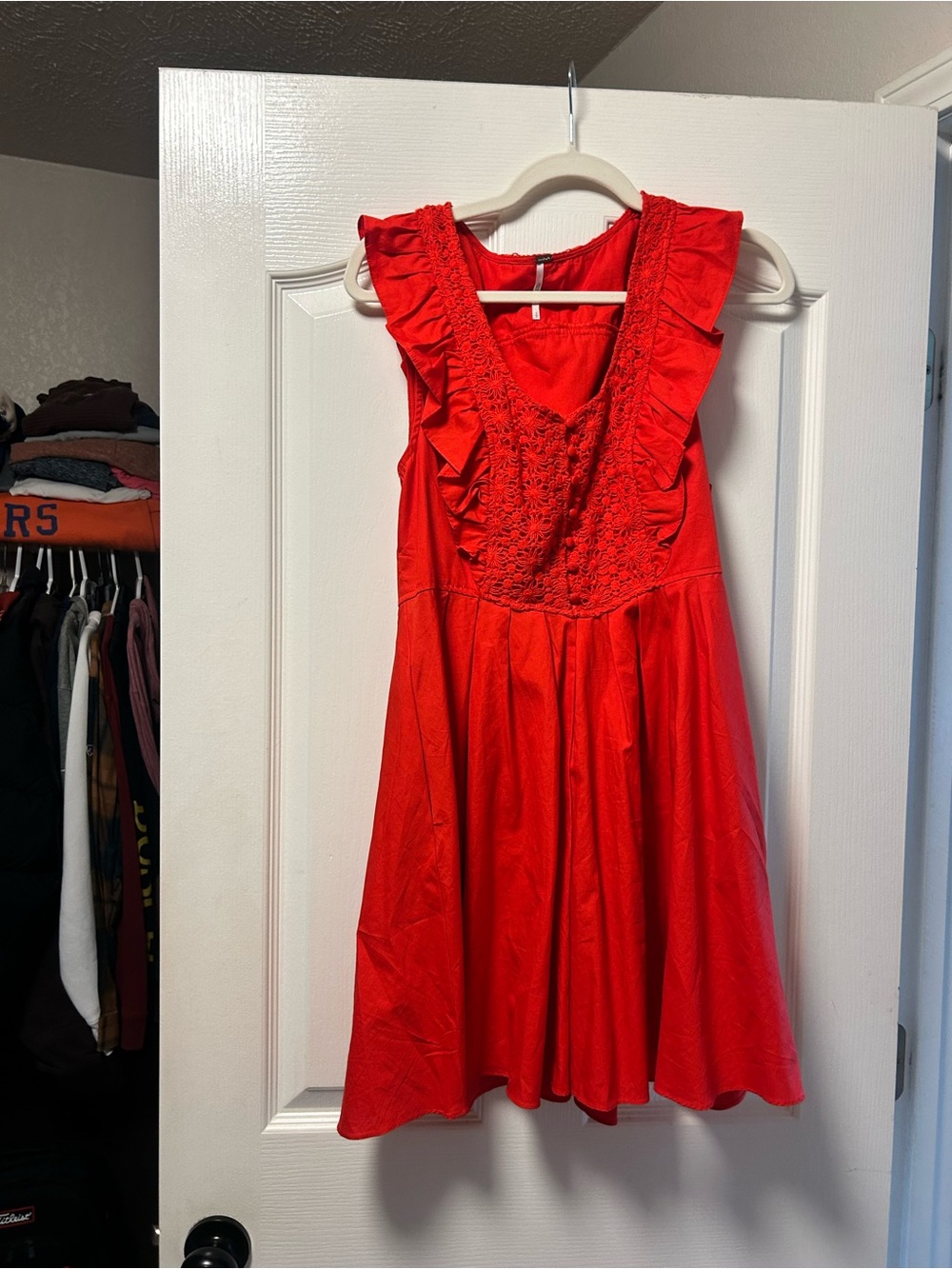 Free People Red Ruffled Sleeve Smocked Mini Dress - Picture 4 of 6